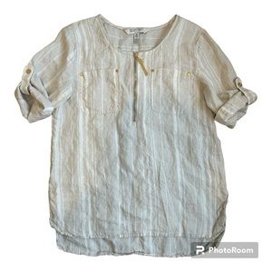 Ellen Tracy 100% Linen Stripe Tunic Top Zip Front Rolled Sleeves Sz M